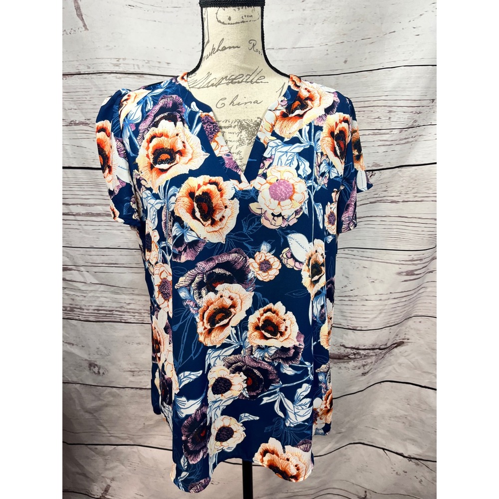 Maurices Navy Blue Floral Split V-Neck Short‎ Sleeve Blouse Large